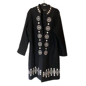 Carole Little Black Embroidered Open Front Wool Midi Coat XL